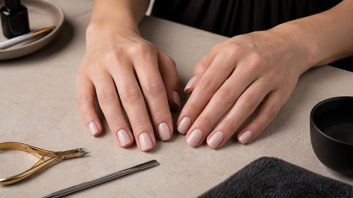 Classic manicure and detailed Russian Manicure results shown side by side