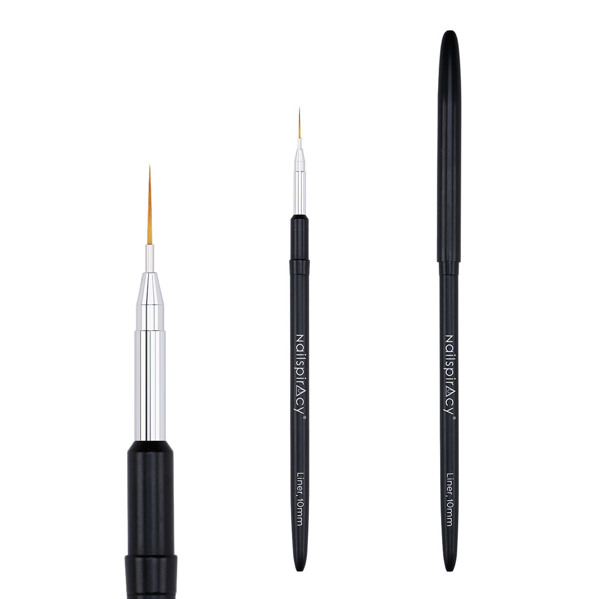 Three nail brushes with black handles and silver ferrules on a white background