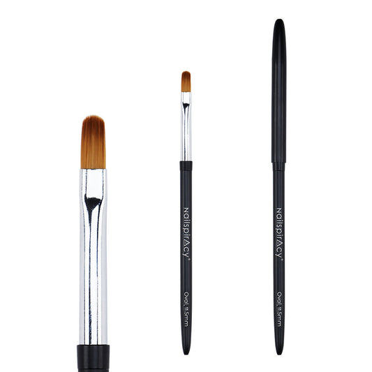 Three nail gel brushes with black handles and clear or brown bristles on a white background.