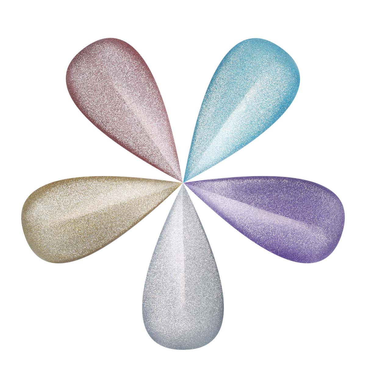 Five NAILSPIRACY signature teardrop shaped objects in different colors arranged in a circle on a white background