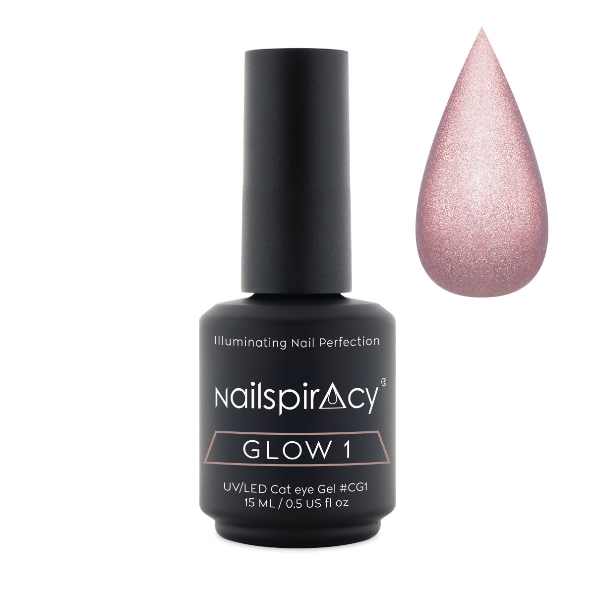 Nailspiracy nail gel polish bottle with a droplet of glow 1 cat eye gel on a white background