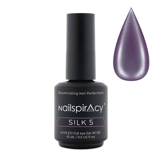 Nailsparacy Silk 5 nail gel polish bottle with a droplet of purple color on a white background