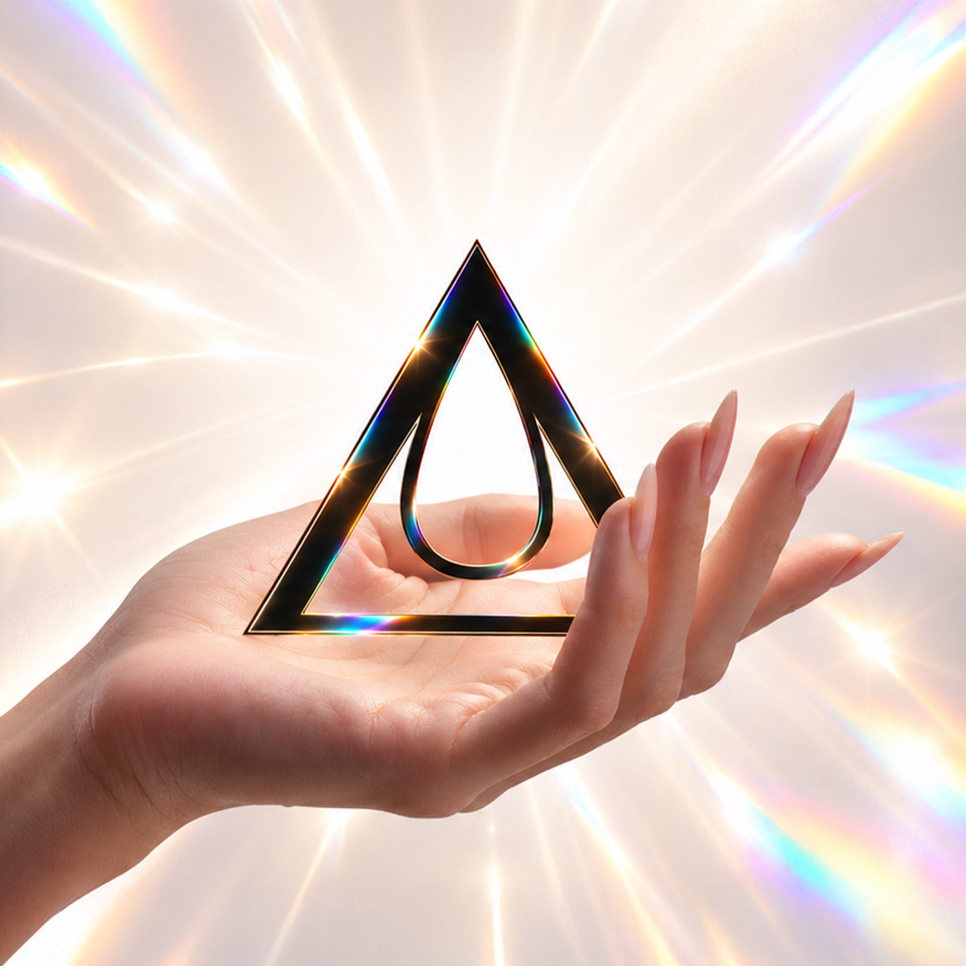 A hand holding the Nailspiracy triangle in prismatic light.