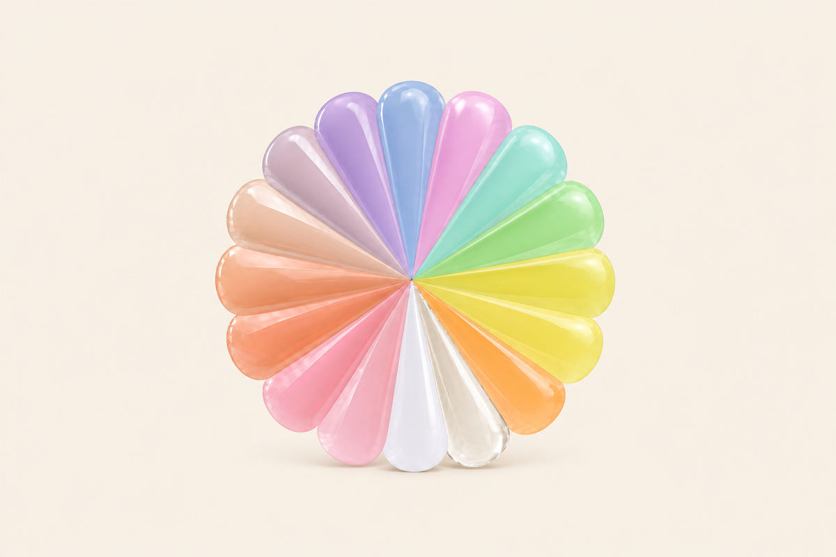 Circular Nailspiracy Builder Gel color palette arranged as a flower on a clean ivory background