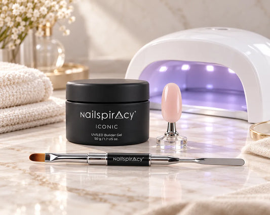 Nailspiracy builder gel, nail sample and curing lamp illustrating heat during curing.