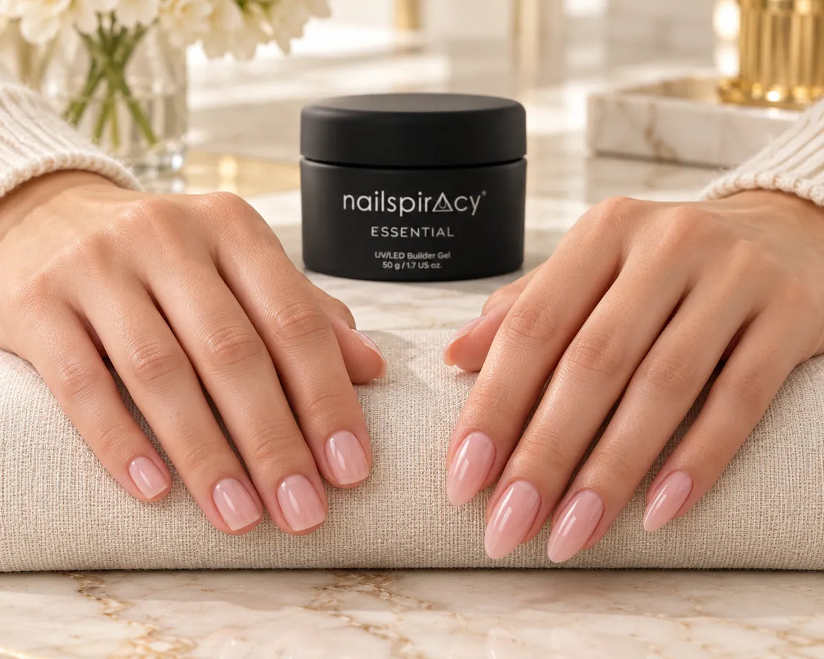 Short square nude gel overlays compared with longer almond nail extensions.