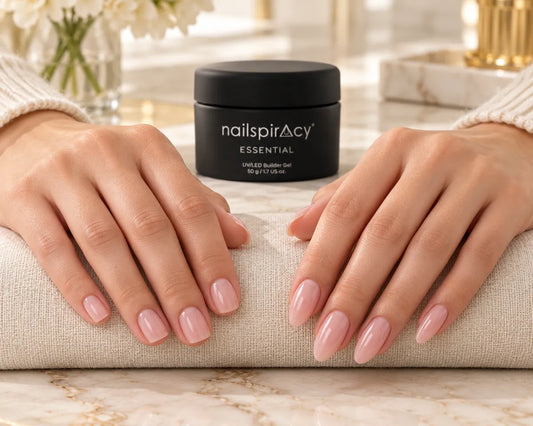 Short square nude gel overlays compared with longer almond nail extensions.