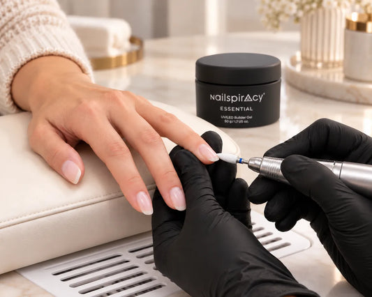 Technician using a white ceramic corn bit to maintain a nude gel enhancement.