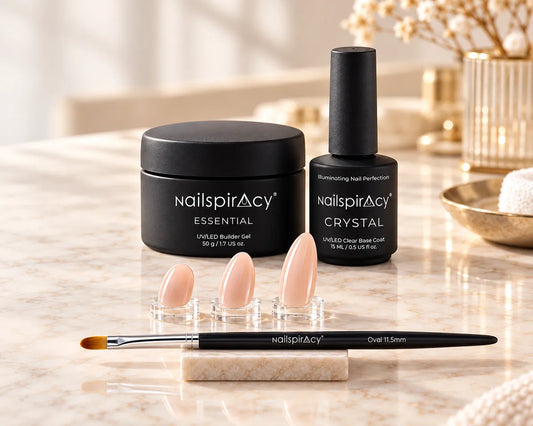 Nailspiracy gel products and nail samples illustrating material system selection.