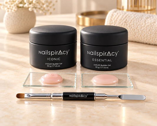 Nailspiracy builder gels and material samples illustrating gel viscosity.