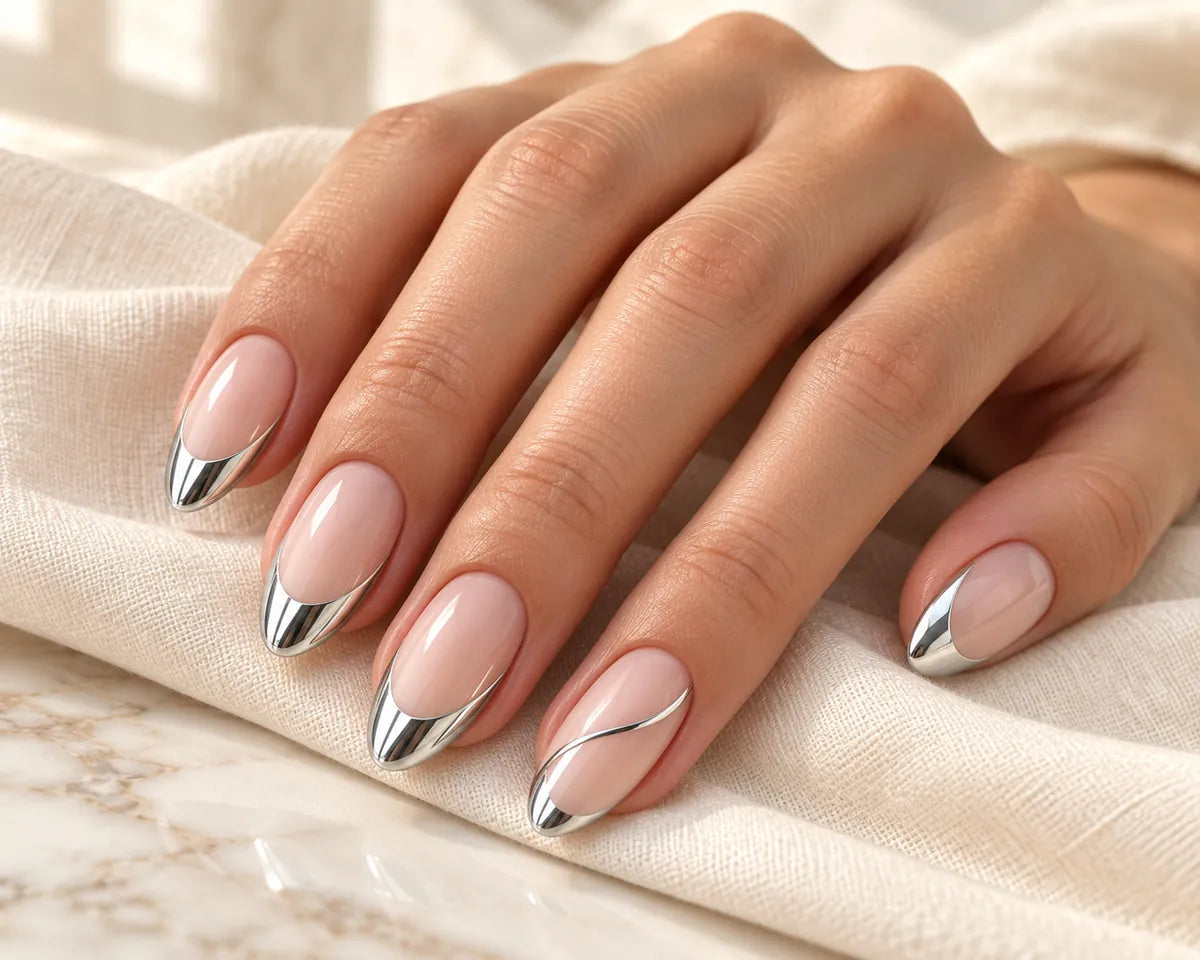 Nude almond manicure with silver chrome French tips and an isolated metallic accent.