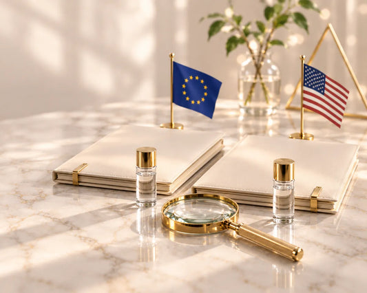 European Union and United States flags behind product documentation and sample vials.