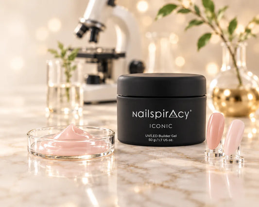 Black Nailspiracy ICONIC builder gel jar beside pink gel and nail swatches in a laboratory setting.