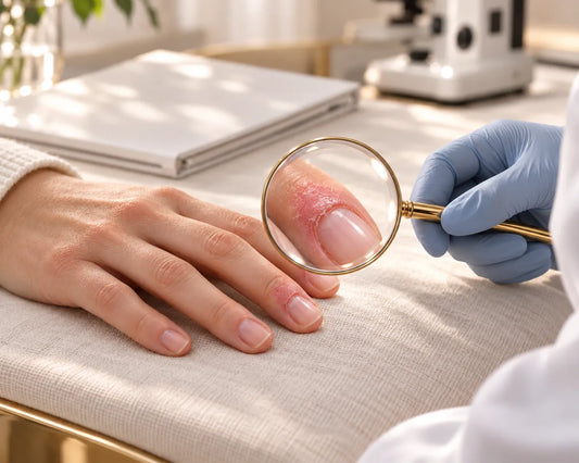 Gold magnifying glass enlarges red, dry skin around a fingernail during an illustrative examination.