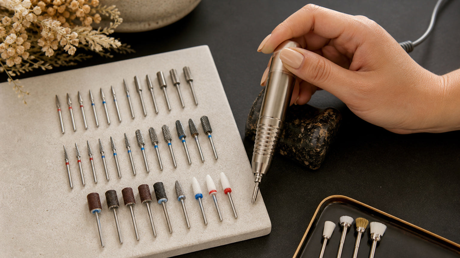 Professional e-file bits for cuticle work arranged by shape and grit