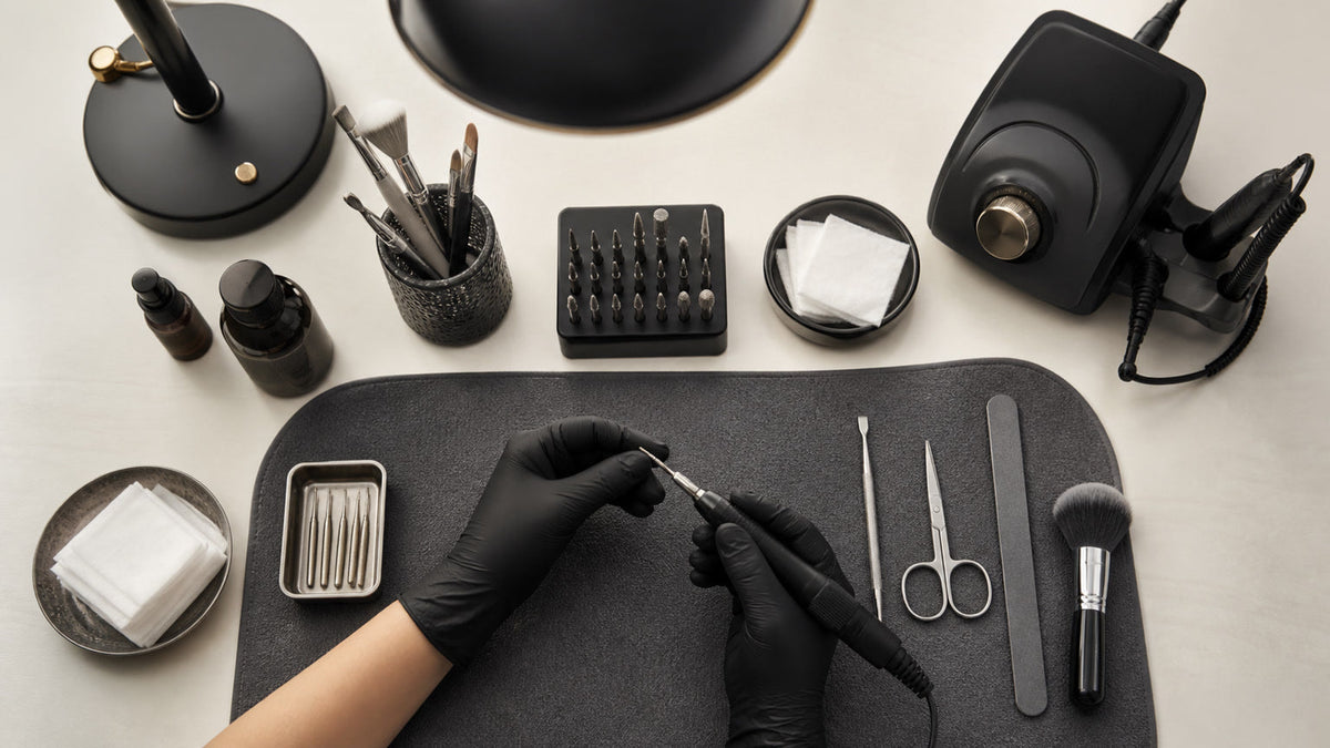 Complete professional Russian Manicure tools arranged on a clean workstation