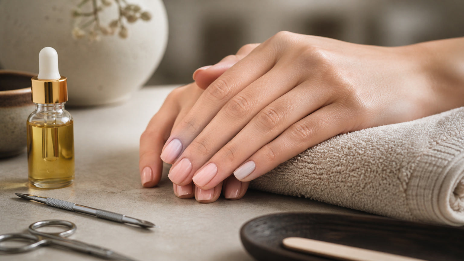 Healthy finished Russian Manicure with cuticle oil for professional aftercare