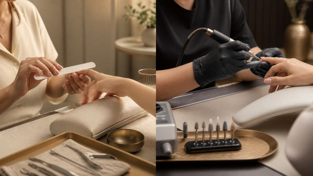 Professional regular manicure and Russian Manicure workstations shown side by side