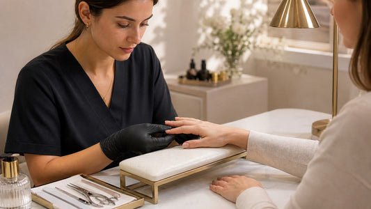 Professional nail technician assessing a client's nails before a Russian Manicure