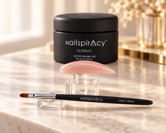 Nude nail enhancement profile showing balanced apex architecture beside Nailspiracy gel.