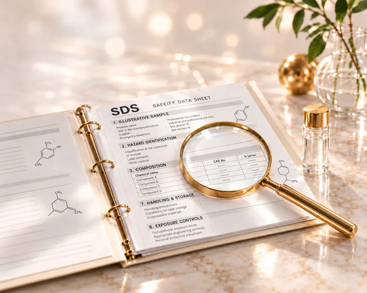 Illustrative Safety Data Sheet with labeled sections and a gold magnifying glass.