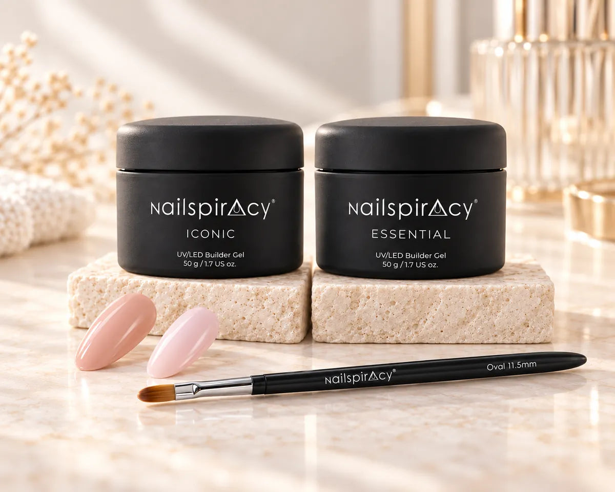 Nailspiracy ICONIC and ESSENTIAL builder gel jars side by side.