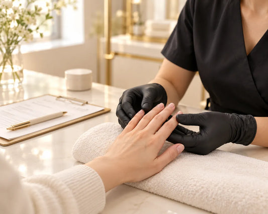 Nail technician wearing black gloves examines a client’s natural nails during a consultation.