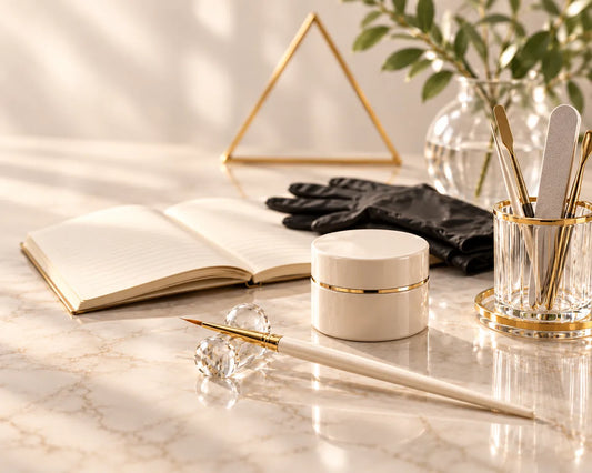 Professional nail workstation with a gel container, brush, gloves and training notebook.