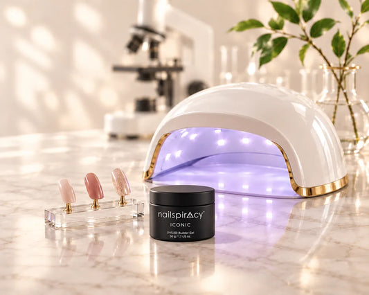 UV/LED nail lamp beside a black Nailspiracy ICONIC builder gel jar and nail practice swatches.