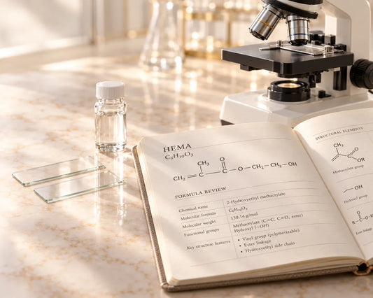 Microscope and open chemistry notebook showing the HEMA molecular structure and formula.