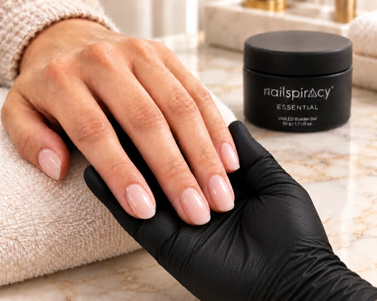 Technician in a black glove supporting a nude gel manicure for inspection.