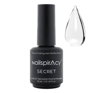 A bottle of NAILSPIRACY's SECRET Top Coat for Chrome Powder with a clear liquid visible through a small dropper on the right side.