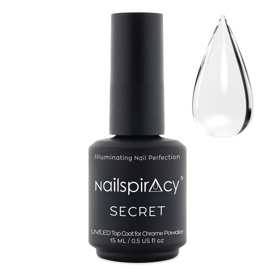 A bottle of NAILSPIRACY's SECRET Top Coat for Chrome Powder with a clear liquid visible through a small dropper on the right side.