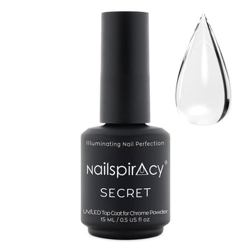 A bottle of NAILSPIRACY's SECRET Top Coat for Chrome Powder with a clear liquid visible through a small dropper on the right side.