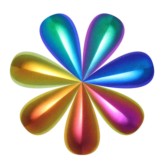 Multicolored metallic flower NAILSPIRACY signature shape on a white background