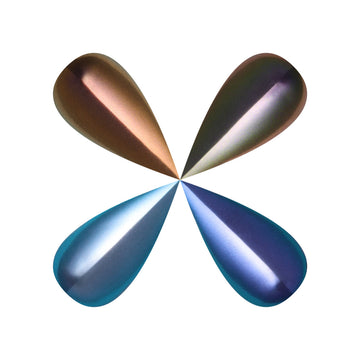 Four metallic NAILSPIRACY signature teardrop shapes in bronze, brown, dark blue, and blue on a white background