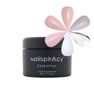 Nailspiracy essential UV/LED builder gel with a signature flower-shaped gel display on a white background