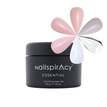 Nailspiracy essential UV/LED builder gel with a signature flower-shaped gel display on a white background