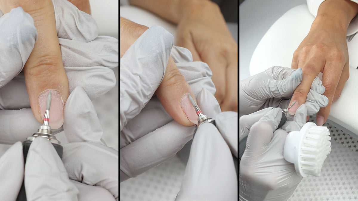 Three-angle view of Russian Manicure dry e-file preparation around the proximal nail fold