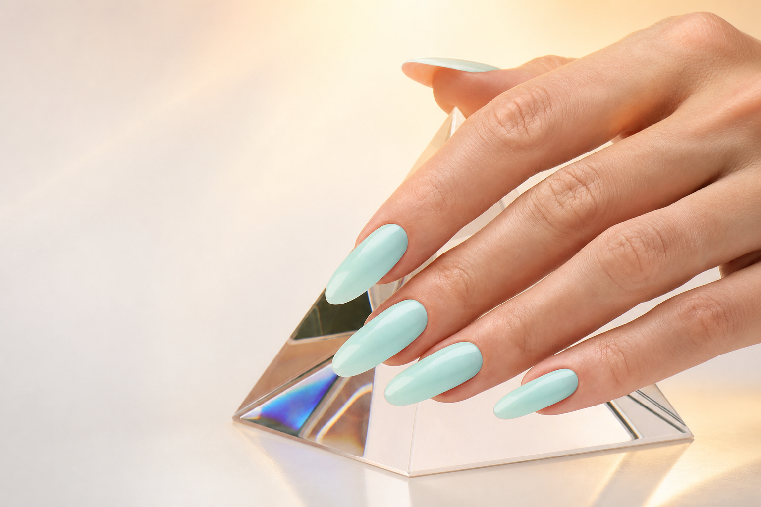 Aqua builder gel manicure displayed on a reflective glass pyramid
