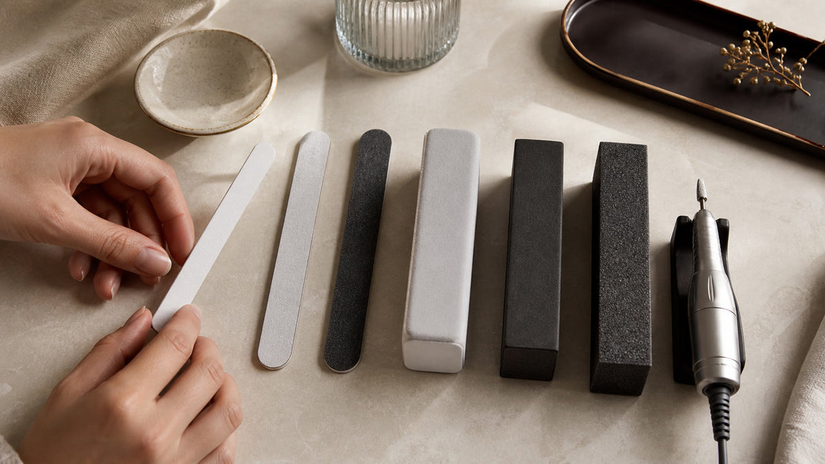 Professional nail files and gentle abrasives selected for natural nail preparation
