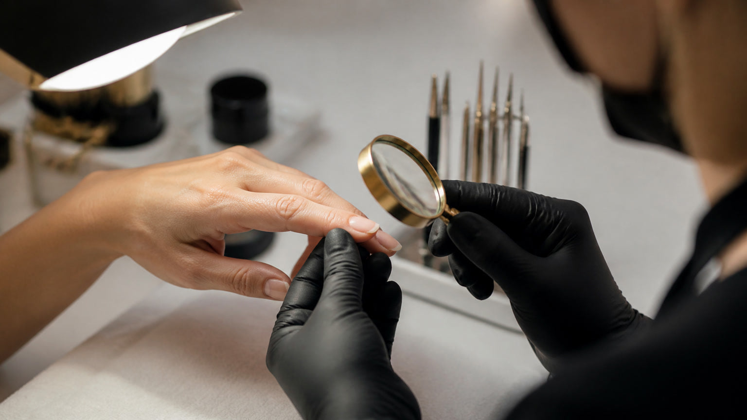 Technician inspecting the natural nail after controlled preparation and dust removal