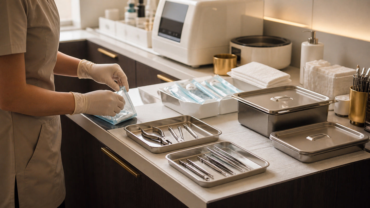 Organized professional nail instrument processing station with reusable and disposable tools