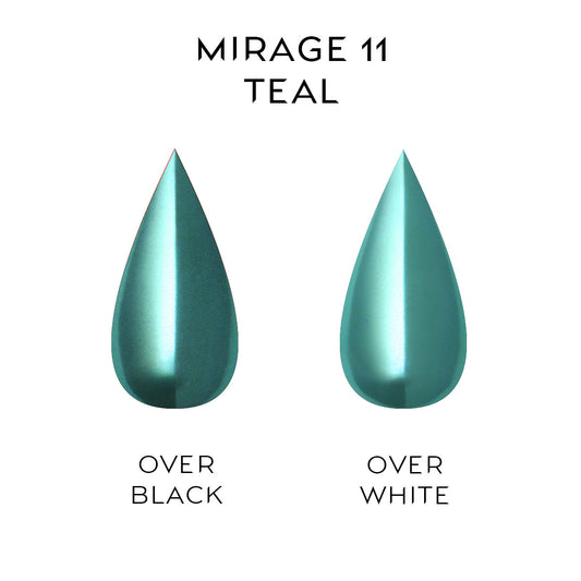 Teal color swatches labeled 'Mirage 11 Teal' over black and white on a white background.