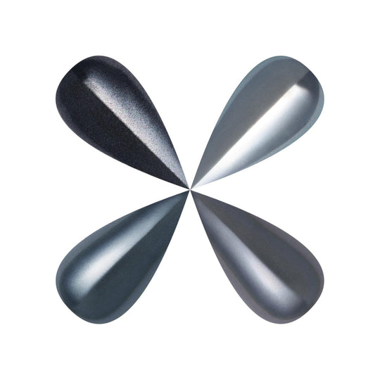 Five metallic teardrop shapes arranged in a star pattern on a white background