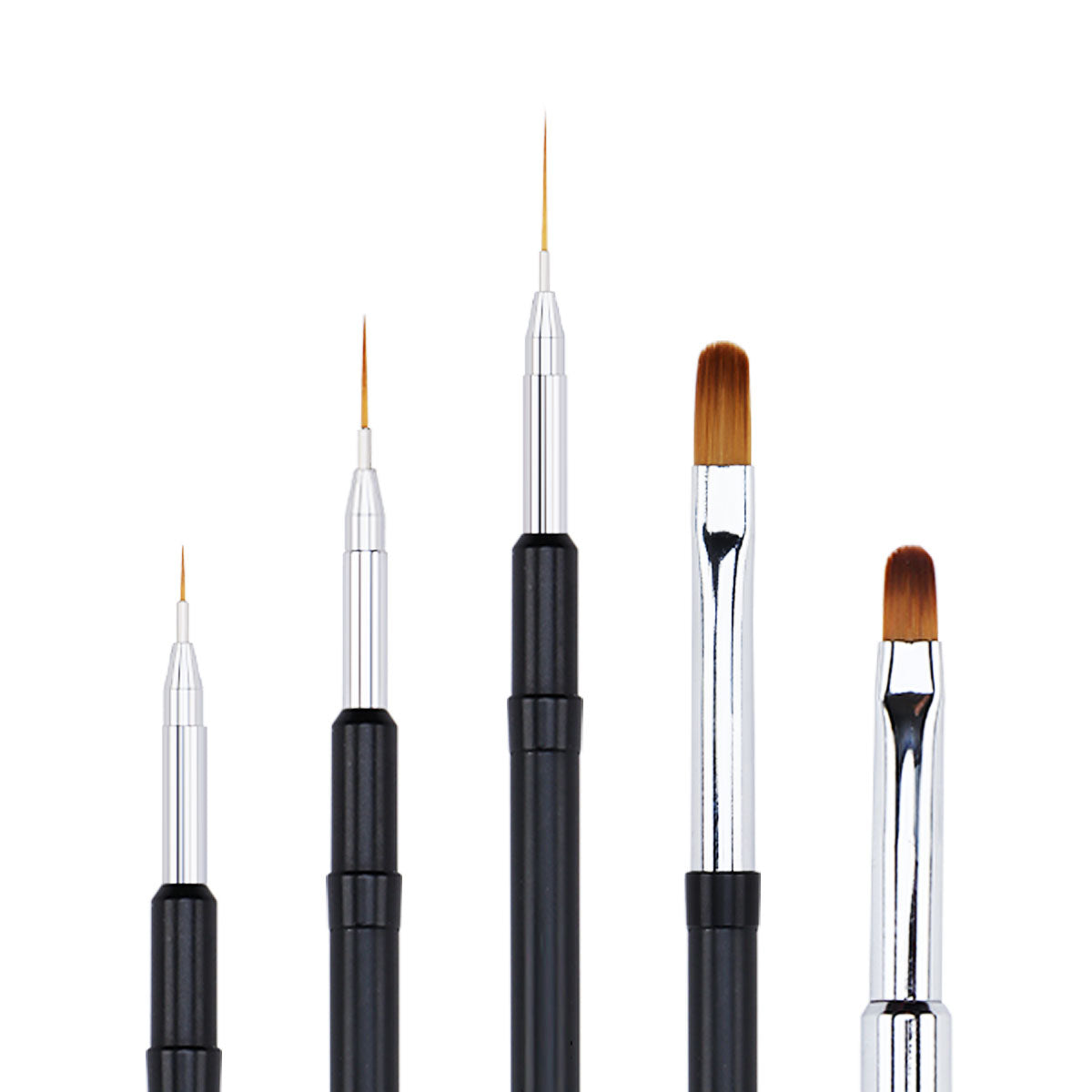 Set of five nail brushes with varying bristle shapes and sizes on a white background