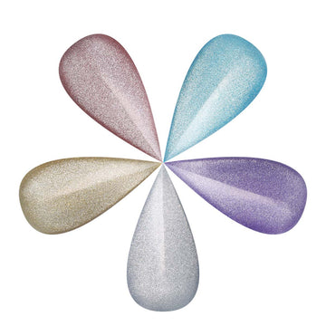 Five NAILSPIRACY signature teardrop shaped objects in different colors arranged in a circle on a white background