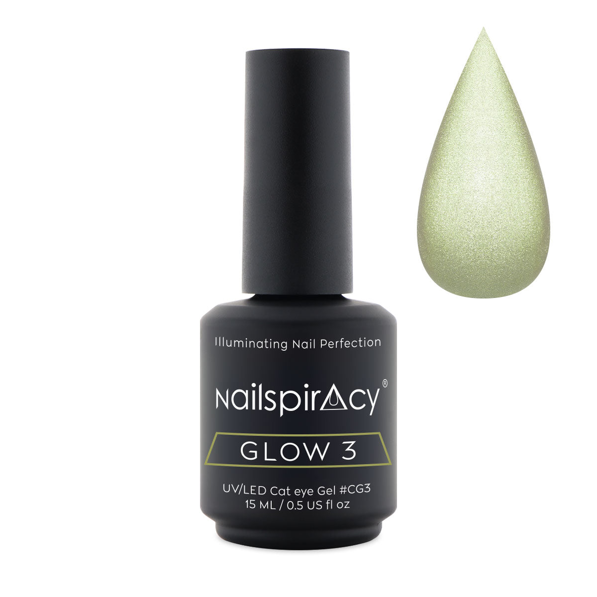 Nailspiracy Glow 3 nail gel with a droplet of green cat eye gel on a white background