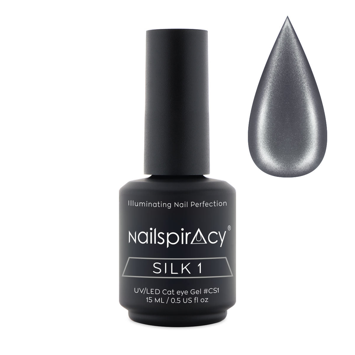 Nailspiracy Silk 1 cat eye gel bottle with a droplet of gel on a white background