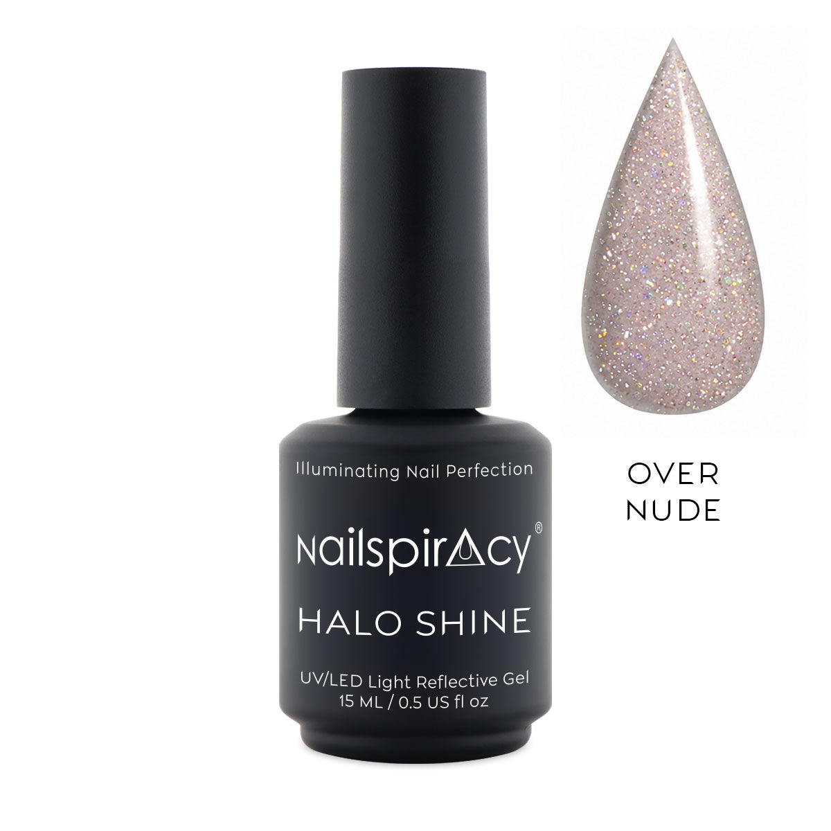 A bottle of Nailspiracy Halo Shine UV/LED reflective gel nail polish in the shade 'Over Nude', shown next to a teardrop-shaped color swatch displaying the glittery champagne nude polish.